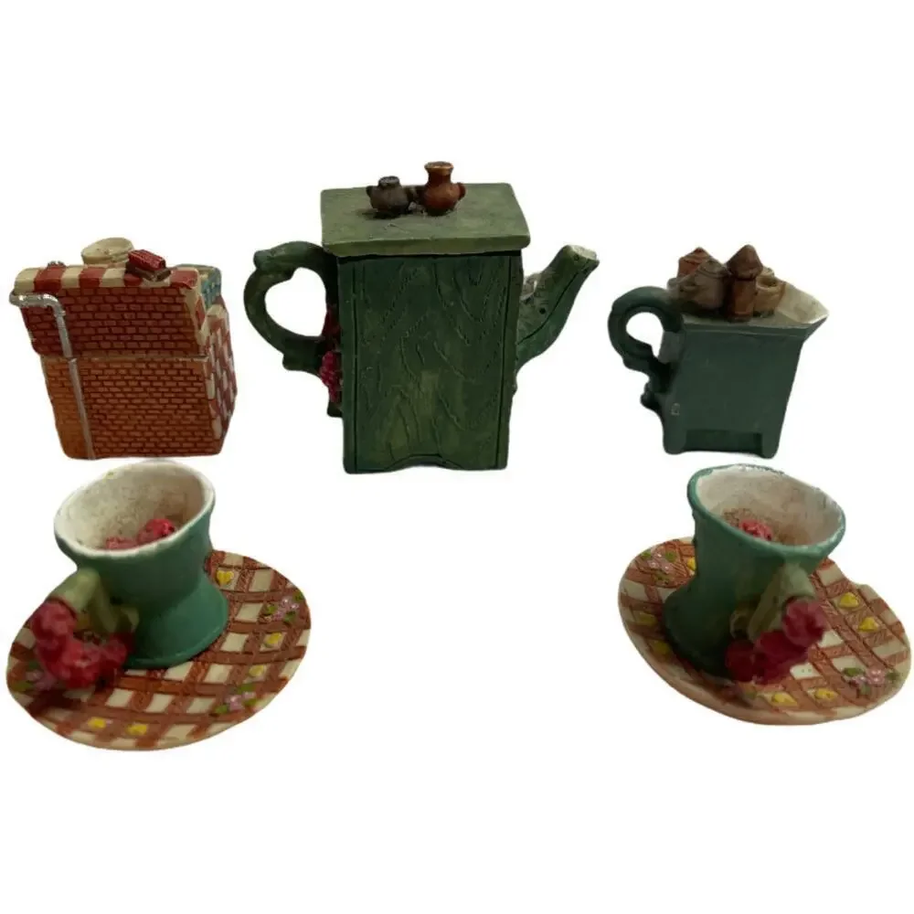 Vintage 7PC Dollhouse Ceramic Kitchen Accessories Cup & Saucer Tea Pot